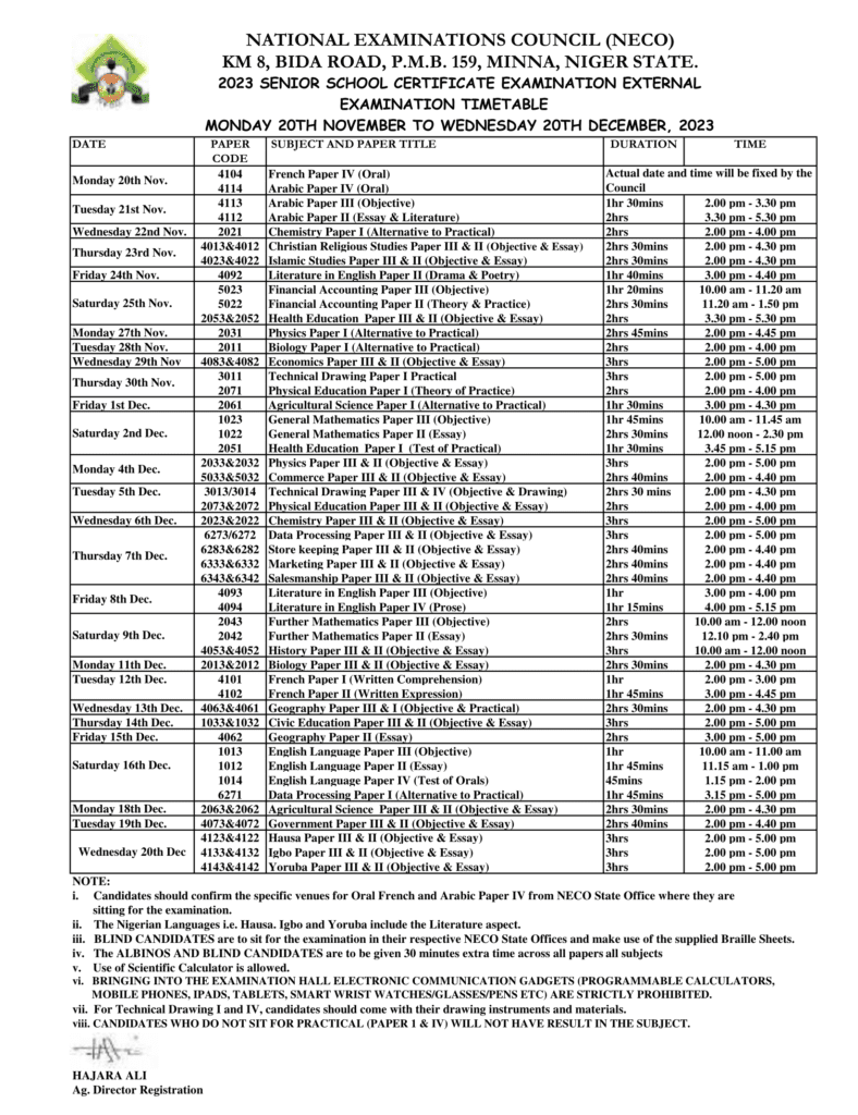 NECO GCE Timetable 2023/2024 is Out (SSCE External)