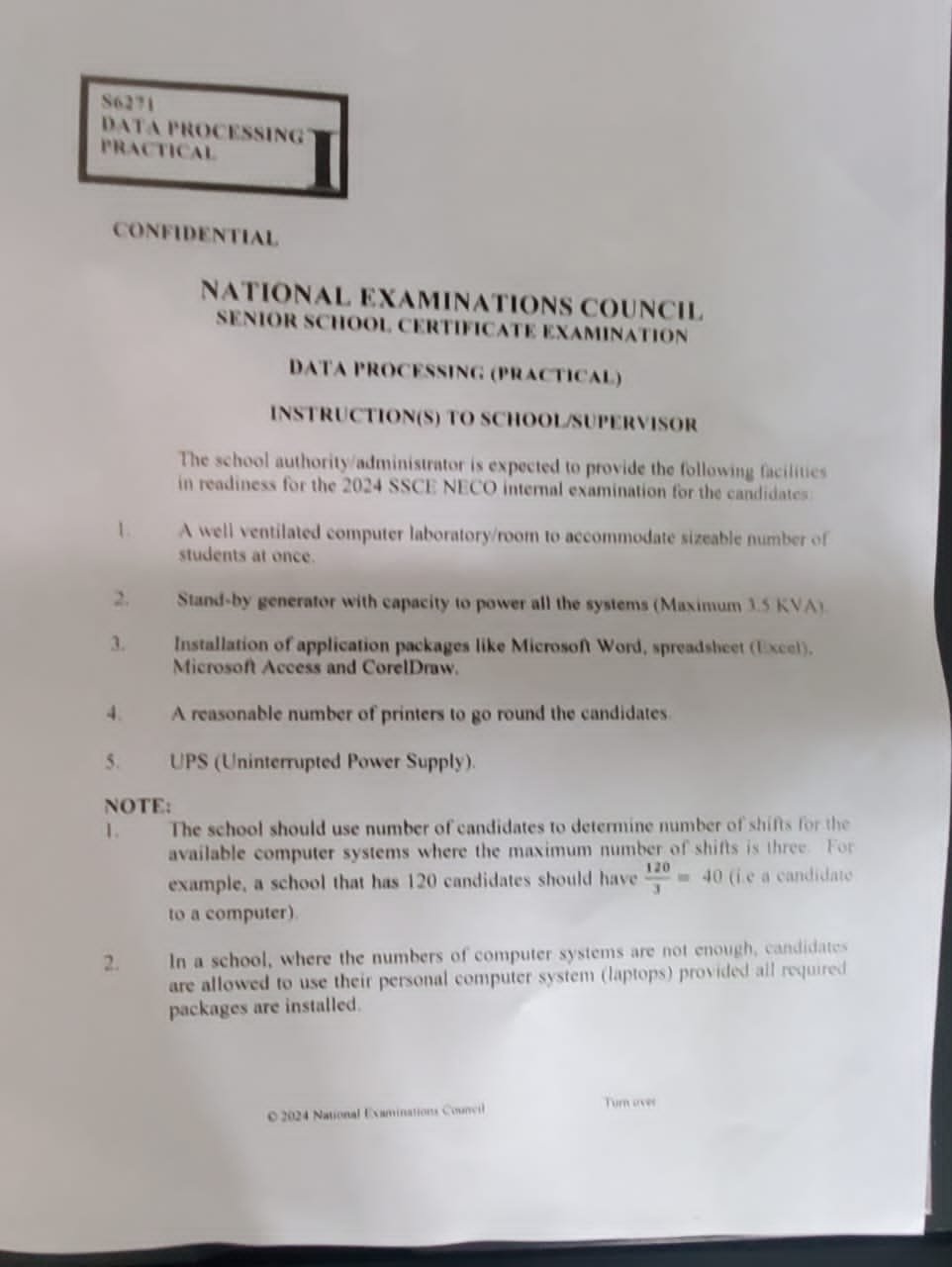 NECO DATA PROCESSING PRACTICAL SPECIMEN 2024